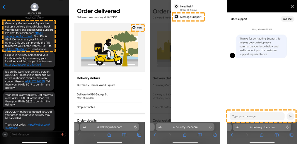 Accessing Uber Support for GYG Delivery via SMS